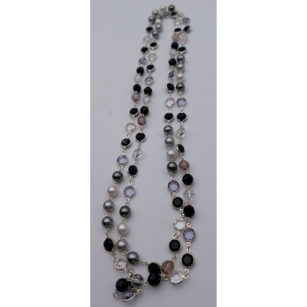 Lia Sophia Long Station Necklace Faux Pearl Crystal Silver Tone Black Lavender